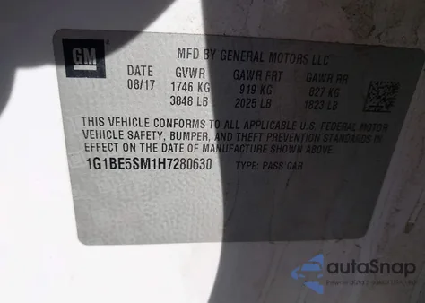 2017 Chevrolet Cruze Lt Auto from USA, damaged, VIN 1G1BE5SM1H7280630